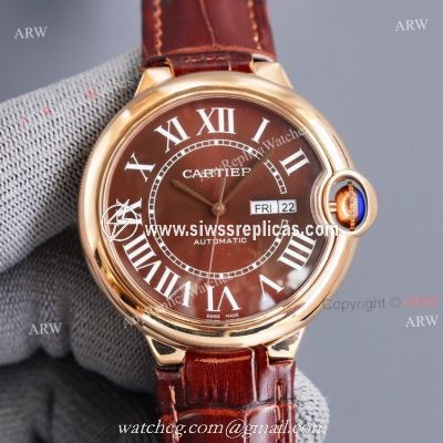 New Brown Face Cartier Ballon Bleu 42mm Replica Watch Brown Leather Strap