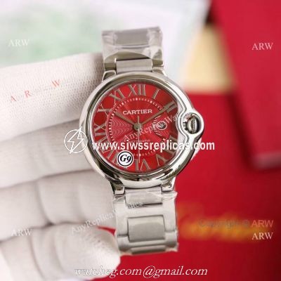 Copy Balloon Blue Cartier Polished SS Case Stainless Steel Strap Red Dial Watch