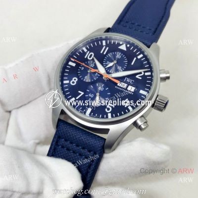 New Copy IWC Pilots Automatic Watch Orange Hand Blue Leather Strap