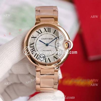 Replica V6 Cartier Balloon Blue Rose Gold Case White Face Watch SS Strap