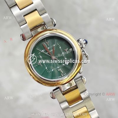 Replica Cartier Pasha Deep Green Dial 2-Tone Gold Watch With Arabic Markers