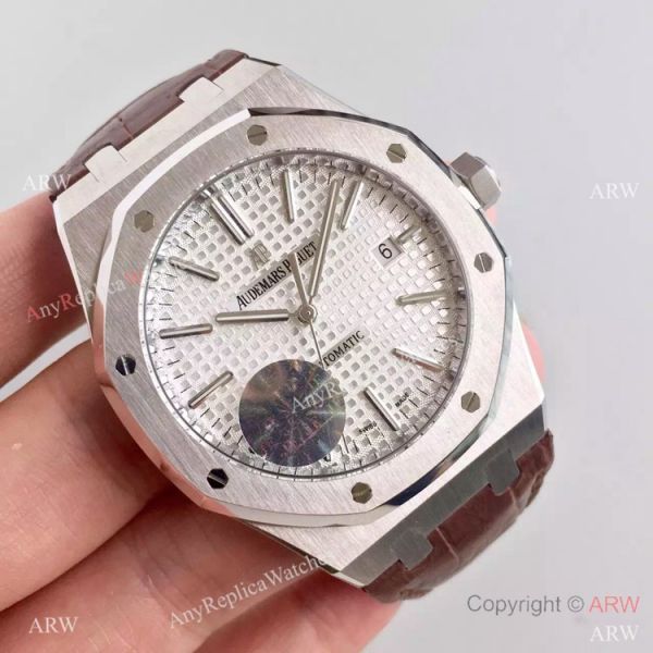 JF Factory Swiss Audemars Piguet Replica Watch Silver Face Brown Leather Band JF Factory Swiss Audemars Piguet Replica Watch Silver Face Brown Leather Band