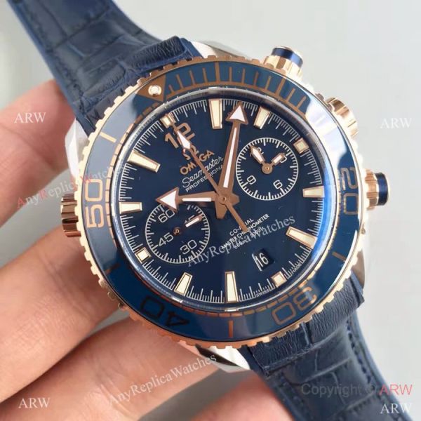 (OM)New Copy Swiss Omega Seamaster 9900 Watch Rose Gold Blue Leather (OM)New Copy Swiss Omega Seamaster 9900 Watch Rose Gold Blue Leather