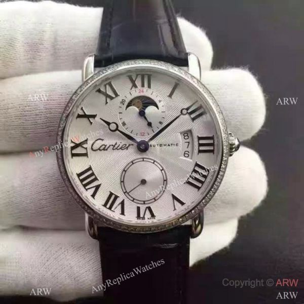 Copy Swiss Cartier Louis Moon Phase Watch SS Diamond Bezel Copy Swiss Cartier Louis Moon Phase Watch SS Diamond Bezel