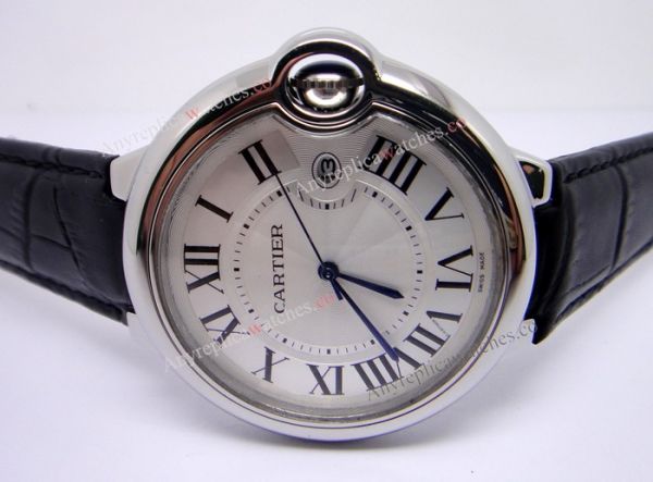 Balloon Blue Fake Cartier Watches Sale SS Silver Face with Black Leather Strap Balloon Blue Fake Cartier Watches Sale SS Silver Face with Black Leather Strap