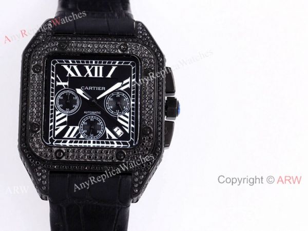 Cartier Santos Black Diamond White Dial 45mm Watch VK Chronograph Cartier Santos Black Diamond White Dial 45mm Watch VK Chronograph