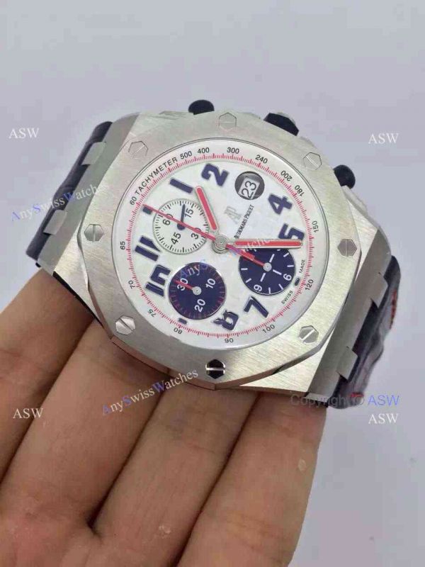 Swiss Audemars Piguet White &038; Blue Chronograph Black Leather Watch Swiss Audemars Piguet White &038; Blue Chronograph Black Leather Watch