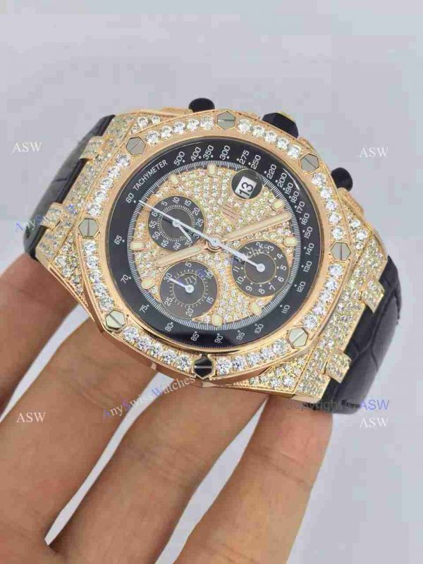 Replica Audemars Piguet Watch Rose Gold Case diamond dial diamond bezel Black Leather Replica Audemars Piguet Watch Rose Gold Case diamond dial diamond bezel Black Leather