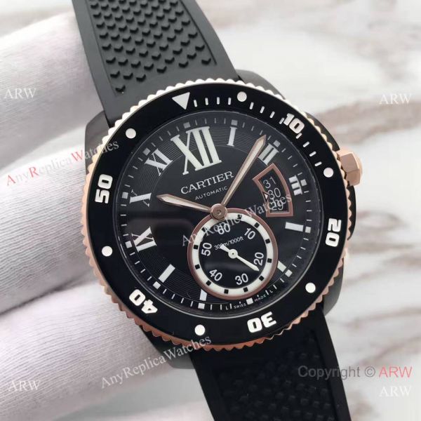Swiss Fake Calibre De Cartier Diver watch Black PVD Case Rose Gold Fluted Bezel Swiss Fake Calibre De Cartier Diver watch Black PVD Case Rose Gold Fluted Bezel