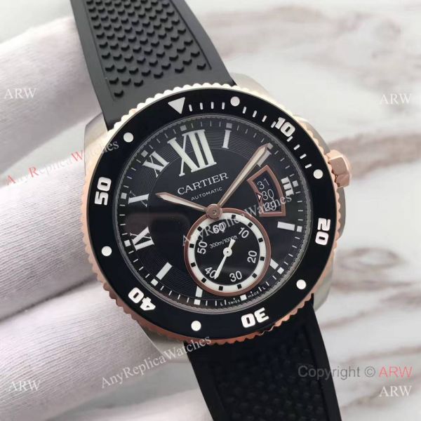 Swiss Grade Cartier Calibre Diver 42mm Watch Rose Gold Fluted Bezel Swiss Grade Cartier Calibre Diver 42mm Watch Rose Gold Fluted Bezel