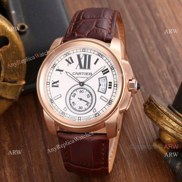 Replica Cartier Calibre de Cartier Men Watches SS Black Leather Strap Replica Cartier Calibre de Cartier Men Watches SS Black Leather Strap