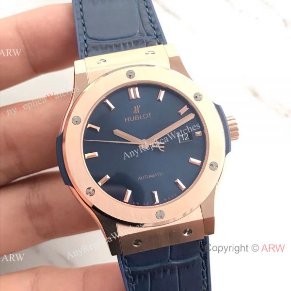 Swiss Grade Copy Hublot Rose Gold Blue Watch Classic Fusion 42mm New Model Swiss Grade Copy Hublot Rose Gold Blue Watch Classic Fusion 42mm New Model