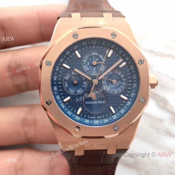 Audemars Piguet Royal Oak Perpetual Calendar Replica Watch Rose Gold Brown Leather Strap Audemars Piguet Royal Oak Perpetual Calendar Replica Watch Rose Gold Brown Leather Strap