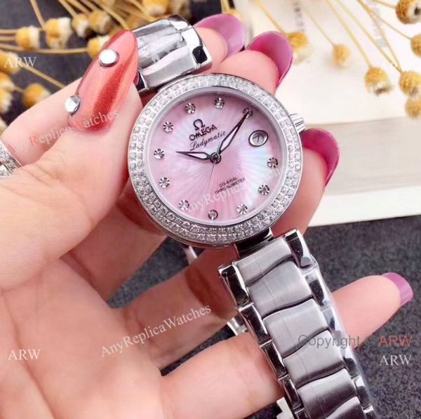 Omega Replica Watches De Ville Ladymatic SS Blue MOP Dial Diamond Bezel Ladies Watch Omega Replica Watches De Ville Ladymatic SS Blue MOP Dial Diamond Bezel Ladies Watch