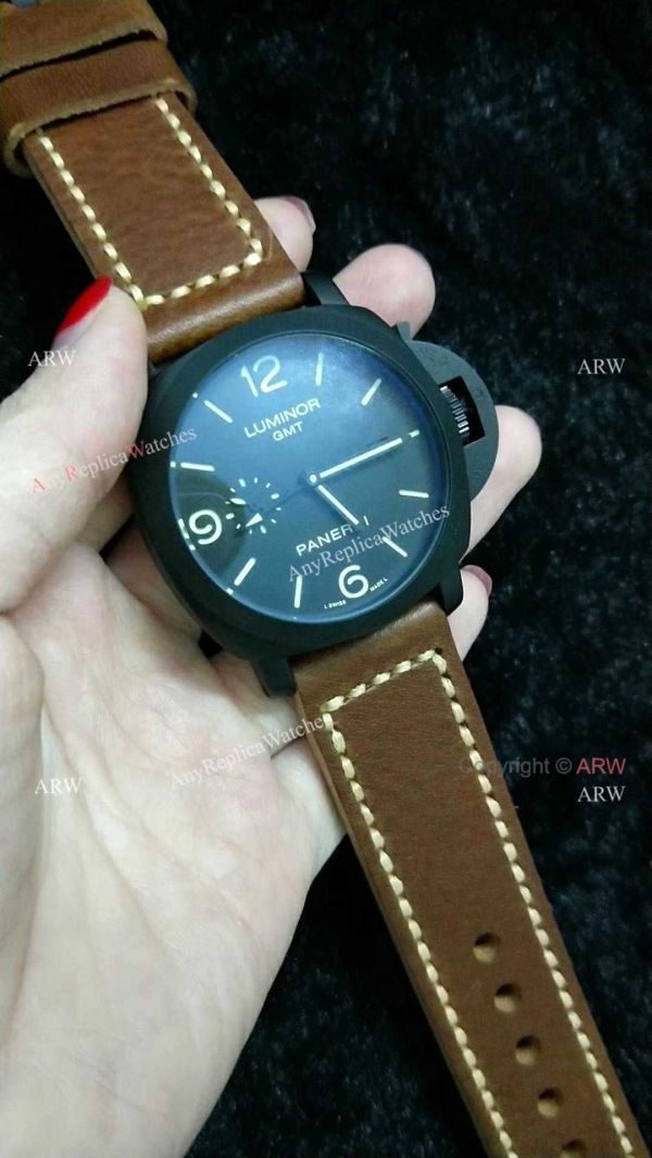 Clone Panerai Luminor GMT PAM 320 Black Steel Watch with Brown Leather Strap Clone Panerai Luminor GMT PAM 320 Black Steel Watch with Brown Leather Strap