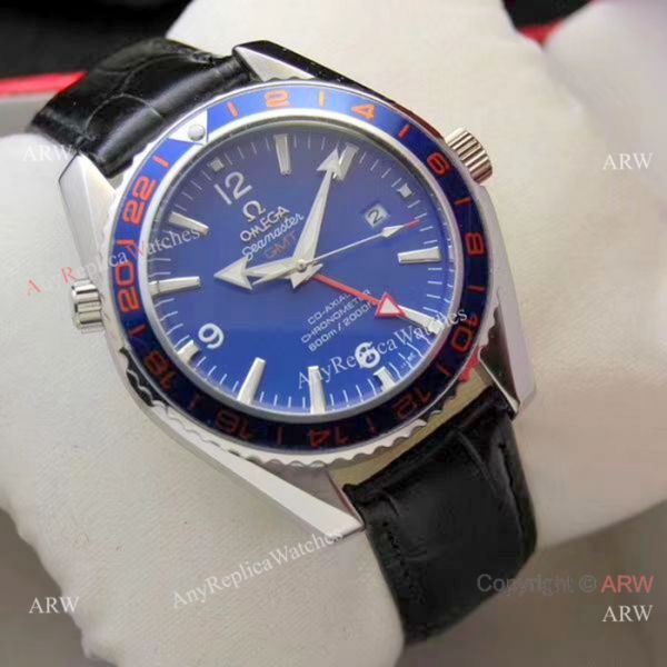 Copy Omega Seamaster GMT 45mm Watches SS Black Leather Strap Copy Omega Seamaster GMT 45mm Watches SS Black Leather Strap
