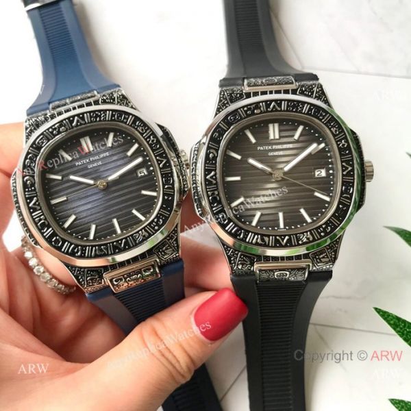 Copy Patek Philippe Nautilus White Face Tattoo Watch Black Rubber strap Copy Patek Philippe Nautilus White Face Tattoo Watch Black Rubber strap