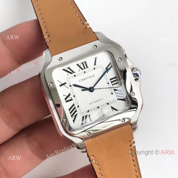 Cartier Santos Quartz Replica Watch SS Brown Leather Band Cartier Santos Quartz Replica Watch SS Brown Leather Band