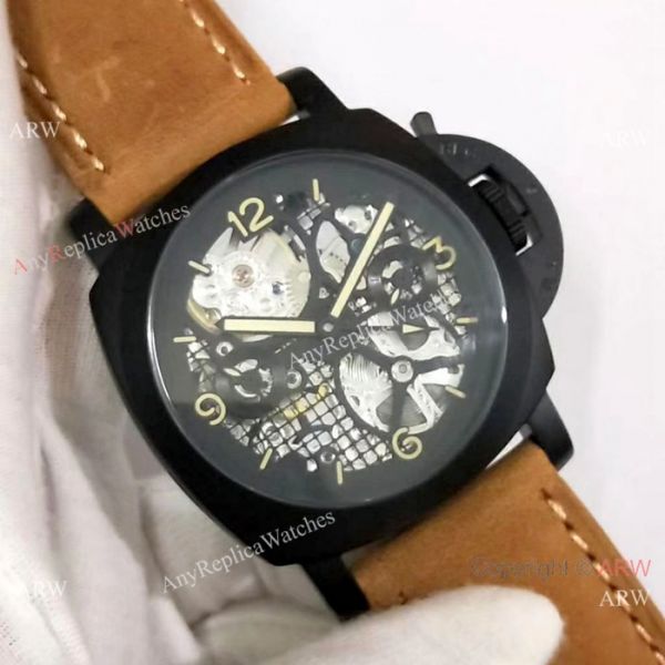 Best Quality Panerai Black Hollow Watch 47mm Brown Leather Strap Best Quality Panerai Black Hollow Watch 47mm Brown Leather Strap