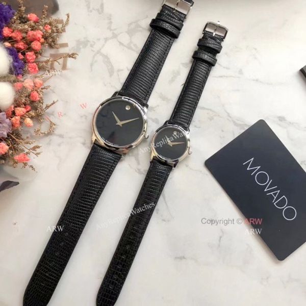 New Replica MOVADO Quartz Lovers Watch SS Black Leather Strap New Replica MOVADO Quartz Lovers Watch SS Black Leather Strap