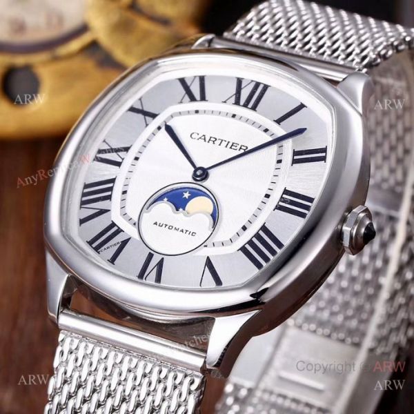 Copy Cartier Drive De Stainless Steel White Moon phase Dial Watches Copy Cartier Drive De Stainless Steel White Moon phase Dial Watches