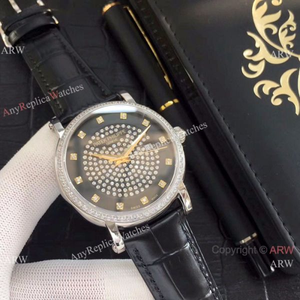 Patek Philippe Calatrava Diamond Watch SS Black Leather Band Patek Philippe Calatrava Diamond Watch SS Black Leather Band