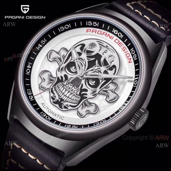 Pagani Design PVD Black Steel Watch White Skull Face Pagani Design PVD Black Steel Watch White Skull Face