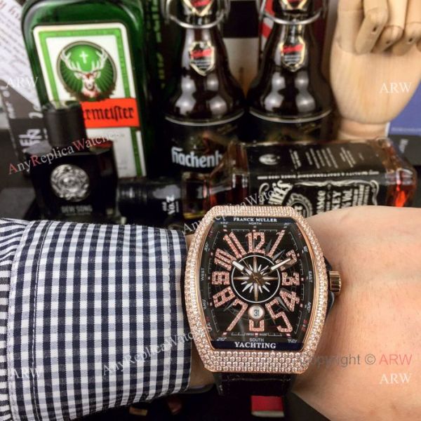 Swiss Copy Franck Muller Iced Out Rose Gold Blue Dial Watch Vanguard Yachting V45 Collection Swiss Copy Franck Muller Iced Out Rose Gold Blue Dial Watch Vanguard Yachting V45 Collection