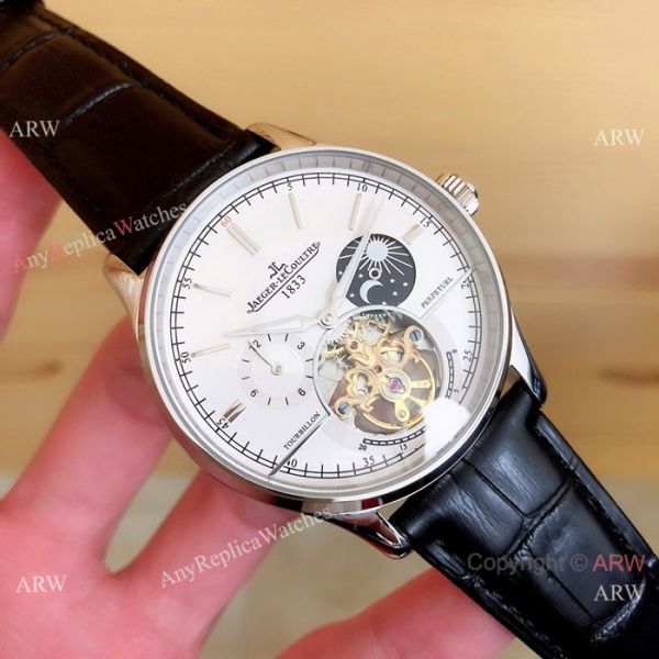 Fake Jaeger LeCoultre Master Tourbillon Moonphase Watch Black Leather Band Fake Jaeger LeCoultre Master Tourbillon Moonphase Watch Black Leather Band