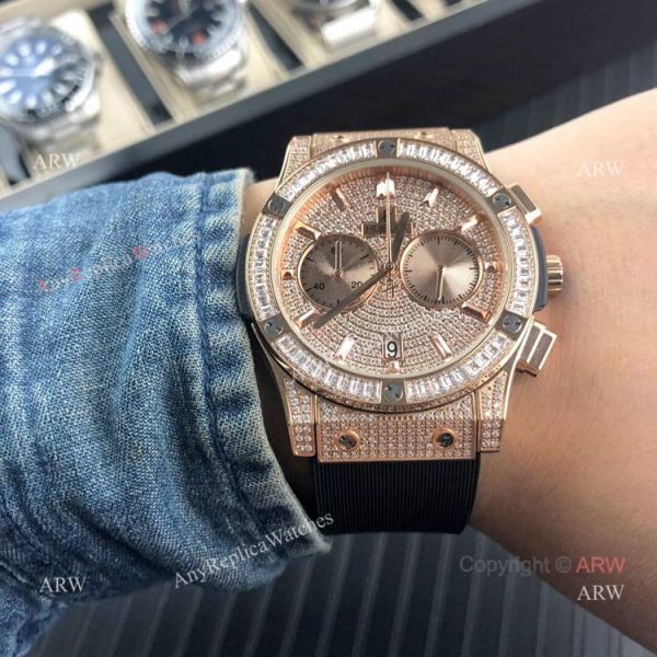 Iced Out Hublot Knock off Watches Classic Fusion SS Black Rubber Strap Iced Out Hublot Knock off Watches Classic Fusion SS Black Rubber Strap