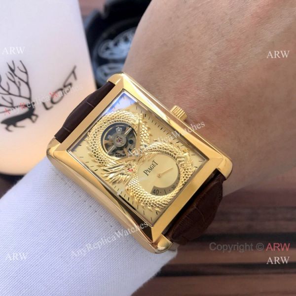 2019 Copy Piaget Black Tie Dragon watches Gold Case Brown Strap 2019 Copy Piaget Black Tie Dragon watches Gold Case Brown Strap