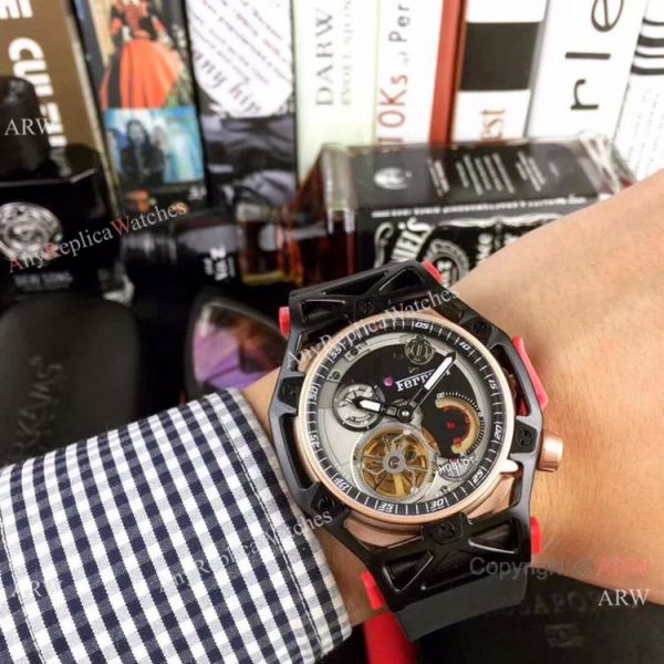 Replica Hublot Techframe Ferrari Tourbillon Watch Red Rubber Strap 43mm Replica Hublot Techframe Ferrari Tourbillon Watch Red Rubber Strap 43mm