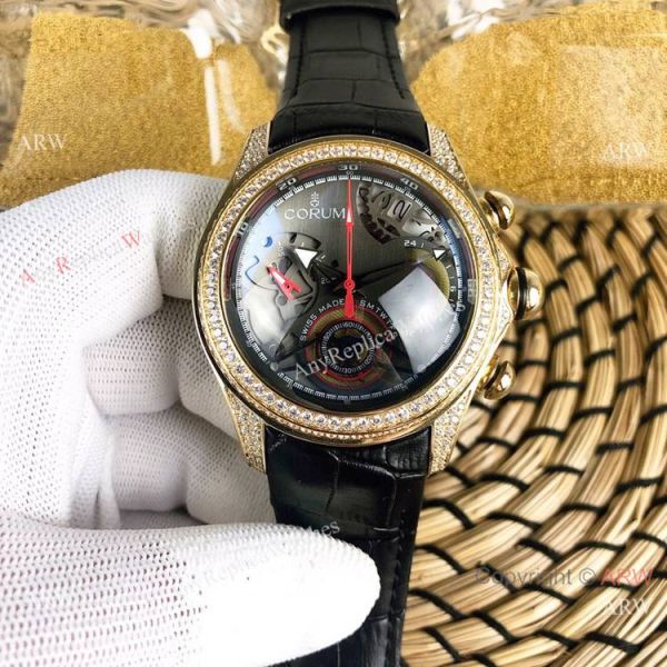 Replica Bubble Corum Watch Diamond Bezel Gold Case Silver Chronograph Dial Replica Bubble Corum Watch Diamond Bezel Gold Case Silver Chronograph Dial