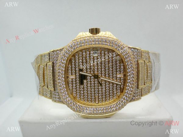 Swiss Replica Patek Philippe Nautilus Jumbo Gold Iced Out Watch 39.5mm Swiss Replica Patek Philippe Nautilus Jumbo Gold Iced Out Watch 39.5mm