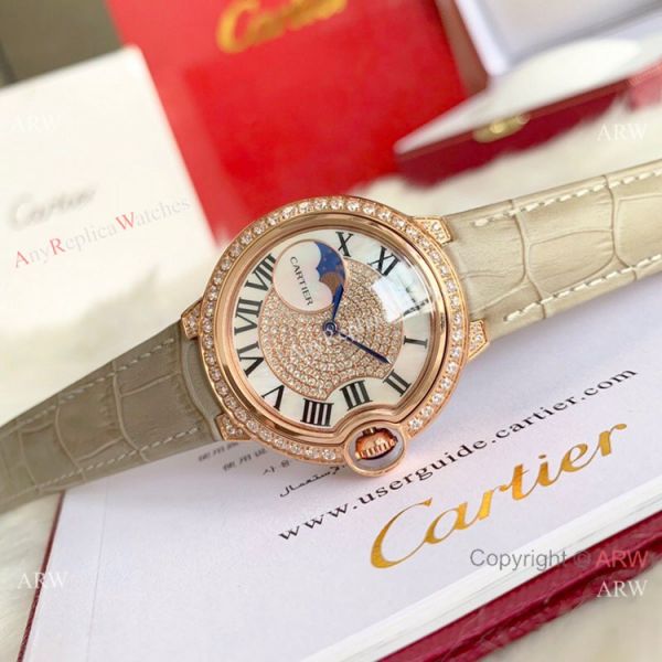 Ballon Bleu de Cartier 36mm Replica Watches Gold Diamond Green Leather Band Ballon Bleu de Cartier 36mm Replica Watches Gold Diamond Green Leather Band