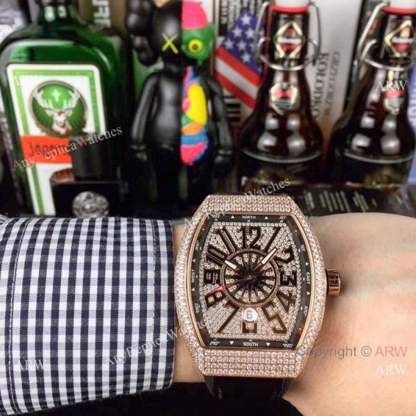 Swiss Quality Franck Muller Vanguard Yachting v45 Watch Rose Gold Diamond Blue Gummy strap Swiss Quality Franck Muller Vanguard Yachting v45 Watch Rose Gold Diamond Blue Gummy strap