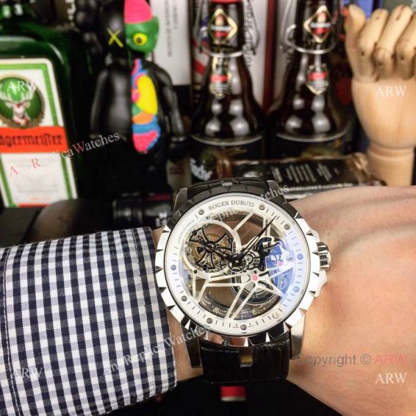 Copy Roger Dubuis Excalibur Flying Tourbillon Watches SS Gray Leather Strap Copy Roger Dubuis Excalibur Flying Tourbillon Watches SS Gray Leather Strap