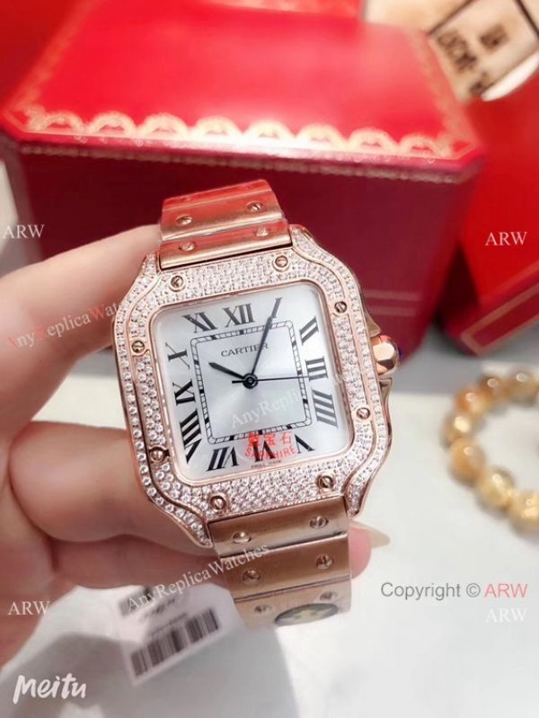 Fake Cartier Santos 100 Diamond Watch Stainless Steel Silver Roman Dial Fake Cartier Santos 100 Diamond Watch Stainless Steel Silver Roman Dial