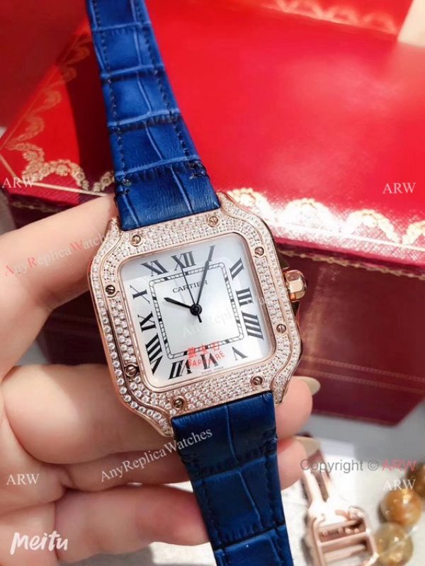 New Cartier Santos 100 Diamond Replica Watch Rose Gold Brown Leather Strap New Cartier Santos 100 Diamond Replica Watch Rose Gold Brown Leather Strap