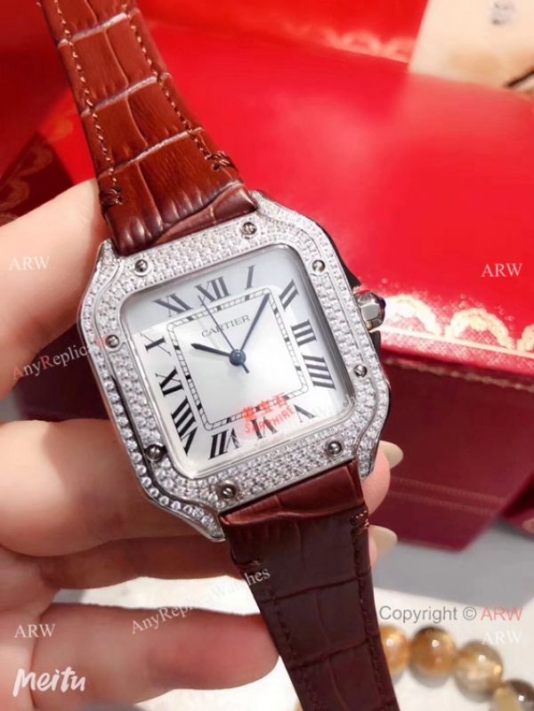 Cartier Santos 100 Diamond Replica Watch SS Diamond Case Blue Leather Strap Cartier Santos 100 Diamond Replica Watch SS Diamond Case Blue Leather Strap