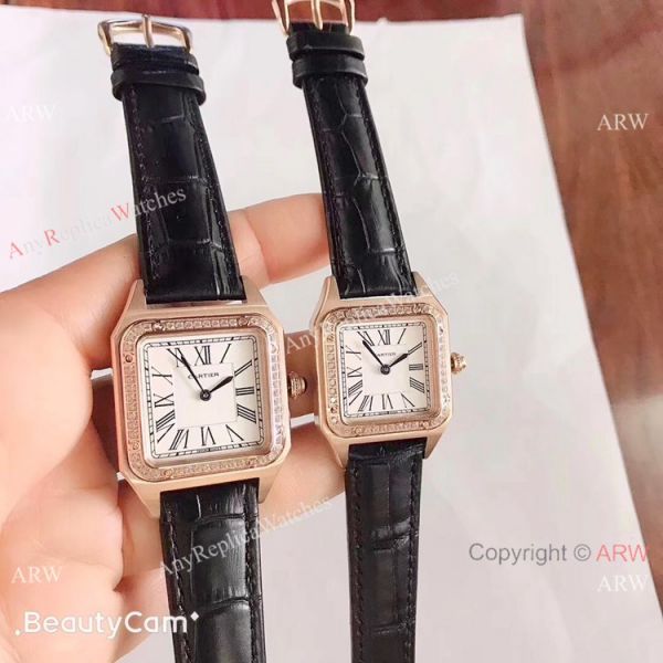 2019 New Cartier Santos Diamond Replica Watch Black Leather Strap Gold Bezel 2019 New Cartier Santos Diamond Replica Watch Black Leather Strap Gold Bezel