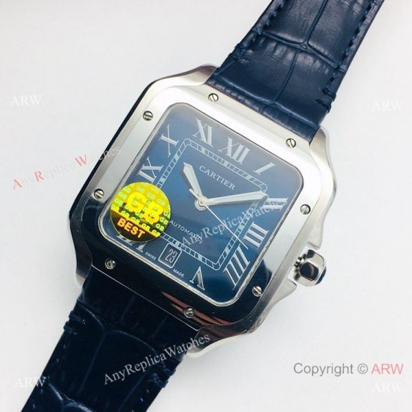 (GB) Swiss Copy Cartier Santos De Mens Watch Blue Dial Blue Leather Strap (GB) Swiss Copy Cartier Santos De Mens Watch Blue Dial Blue Leather Strap