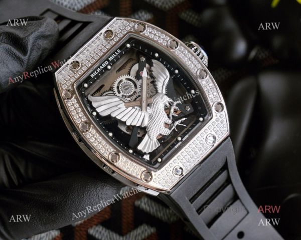 Limited Richard Mille Eagle Copy Watch With Silver Diamonds Black Rubber Band For Men Limited Richard Mille Eagle Copy Watch With Silver Diamonds Black Rubber Band For Men