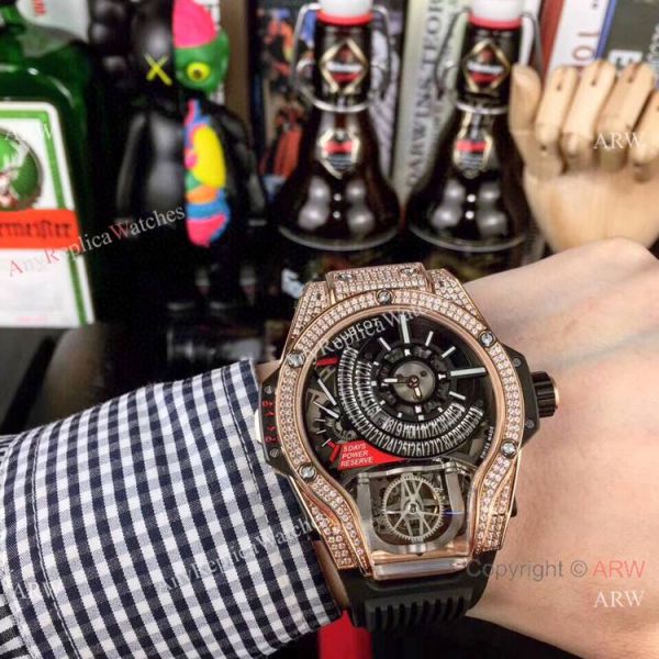 Swiss Quality Hublot Tourbillon Skeleton MP-09 Bi-Axis Watch Rose Gold Diamonds Swiss Quality Hublot Tourbillon Skeleton MP-09 Bi-Axis Watch Rose Gold Diamonds