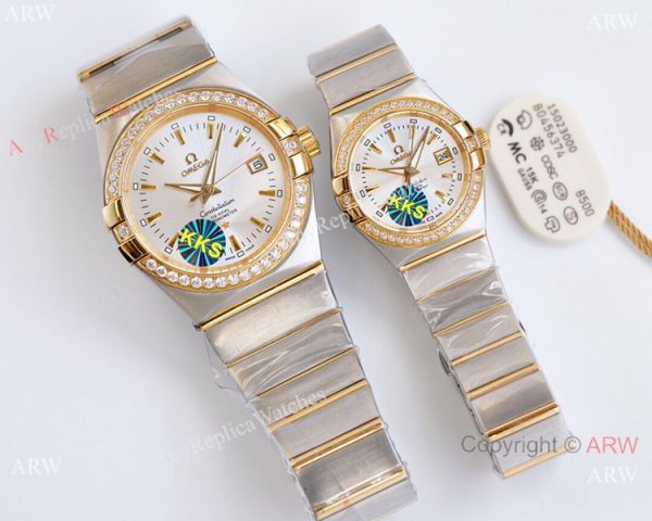 Swiss Quality Clone Omega Double Eagle Couple Watches Silver Dial Diamond Bezel 38mm and 27mm Swiss Quality Clone Omega Double Eagle Couple Watches Silver Dial Diamond Bezel 38mm and 27mm