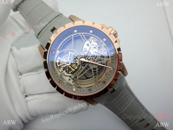 Copy Roger Dubuis Excalibur Flying Tourbillon Watch Rose Gold Gray Leather Strap Copy Roger Dubuis Excalibur Flying Tourbillon Watch Rose Gold Gray Leather Strap