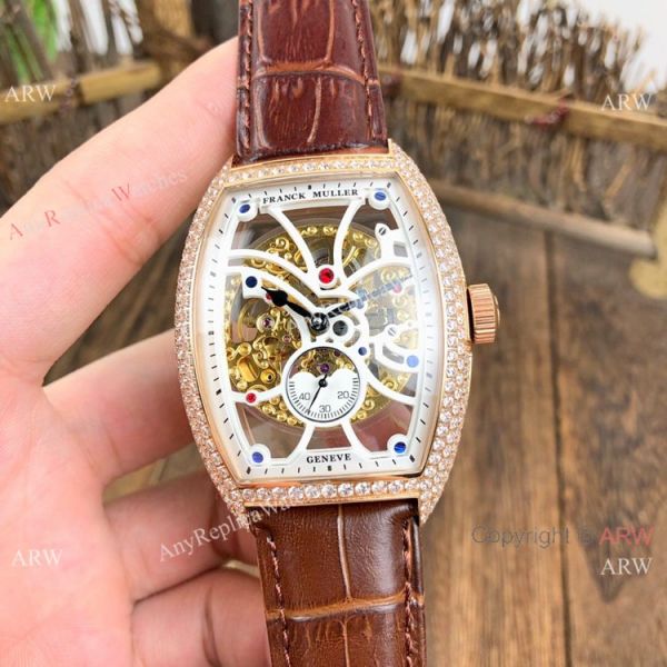 Knockoff Franck Muller Cintree Curvex Skeleton Watches SS Diamond Brown Leather Strap Knockoff Franck Muller Cintree Curvex Skeleton Watches SS Diamond Brown Leather Strap