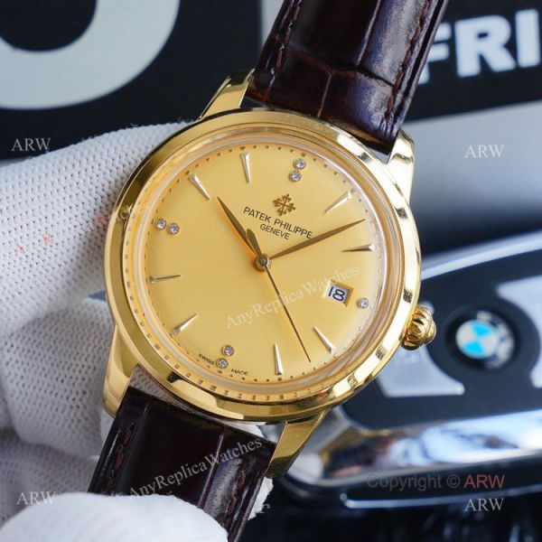 New Patek Philippe Calatrava Replica Watch Gold Dial With Brown Leather Band New Patek Philippe Calatrava Replica Watch Gold Dial With Brown Leather Band