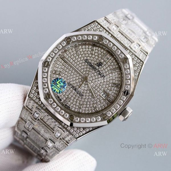Best 41mm Silver Audemars Piguet Royal Oak Iced Out Replica Watches AP 15400 Best 41mm Silver Audemars Piguet Royal Oak Iced Out Replica Watches AP 15400