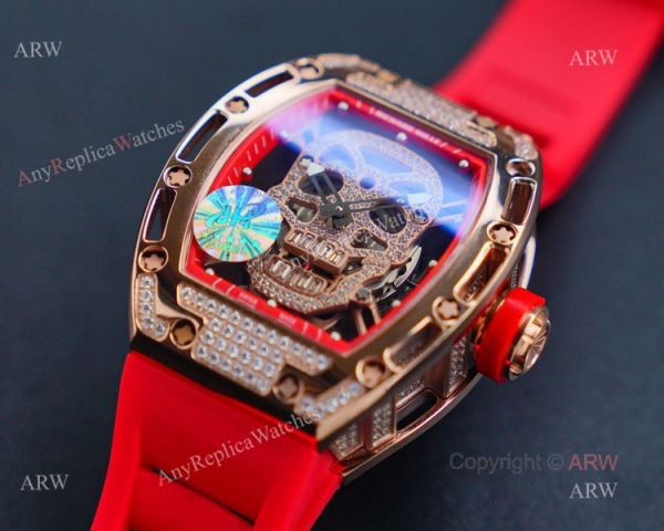 Rose Gold Richard Mille RM 052 Skull Replica Watch With Red Rubber Strap Rose Gold Richard Mille RM 052 Skull Replica Watch With Red Rubber Strap